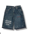 WINNINGWITHOUTYOU Midnight Script longline denim shorts front
