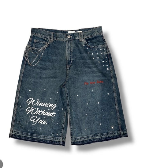WINNINGWITHOUTYOU Midnight Script longline denim shorts front