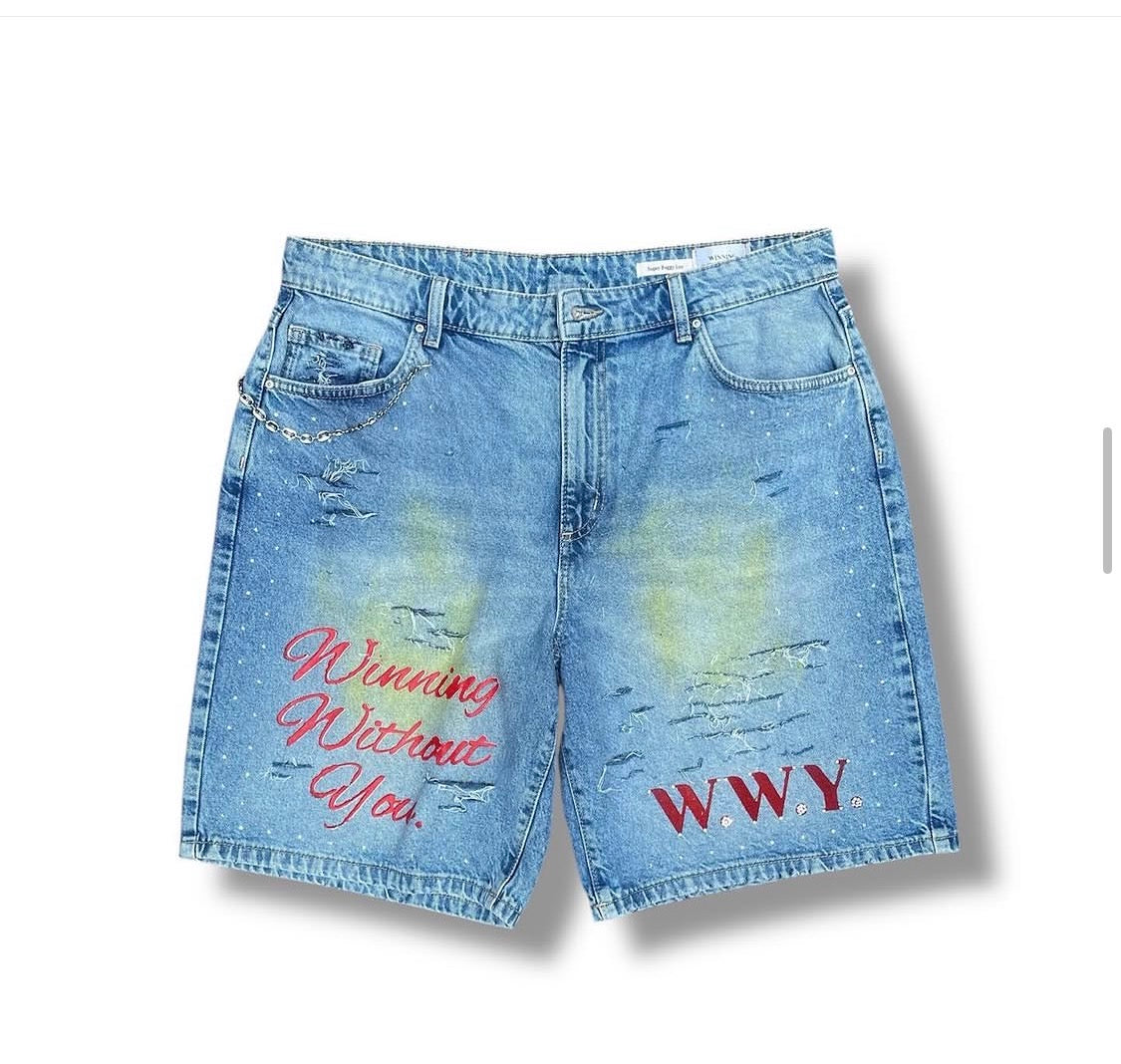 WINNINGWITHOUTYOU Ice Wash Script denim shorts front