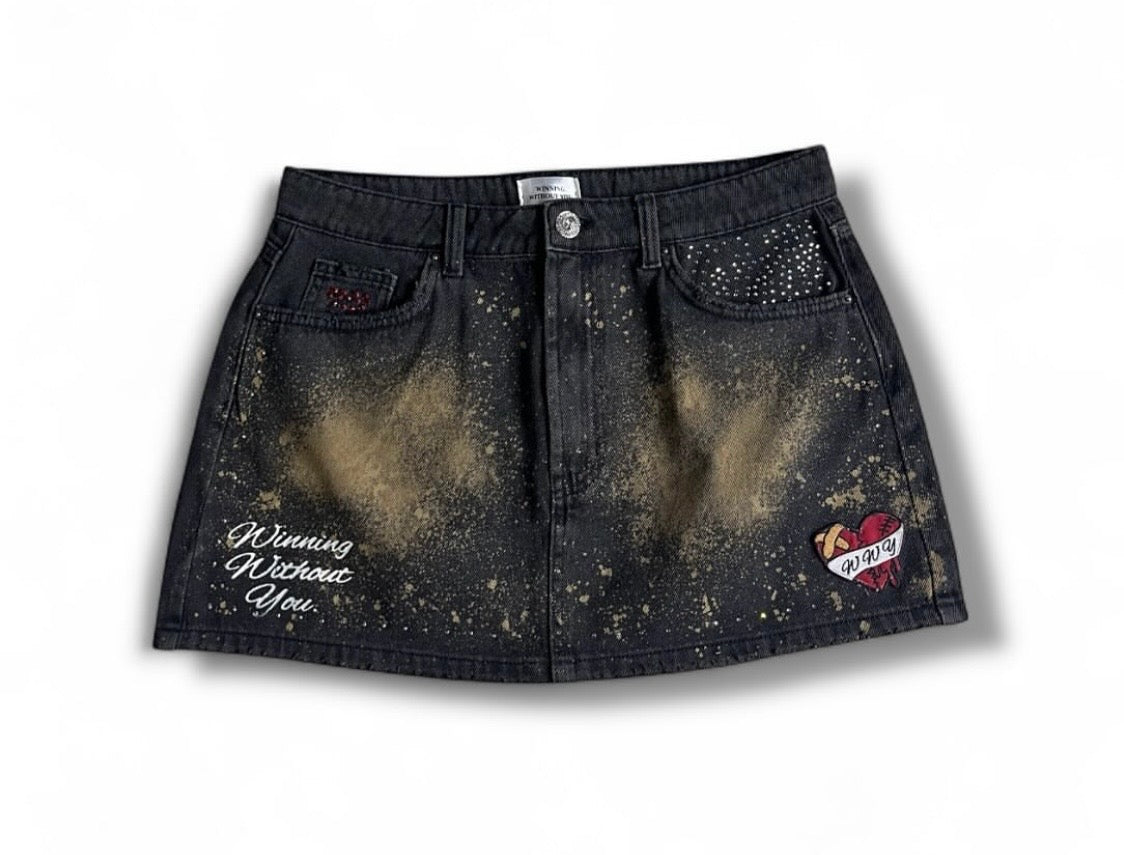 WINNINGWITHOUTYOU Black Gold Heart denim skirt front